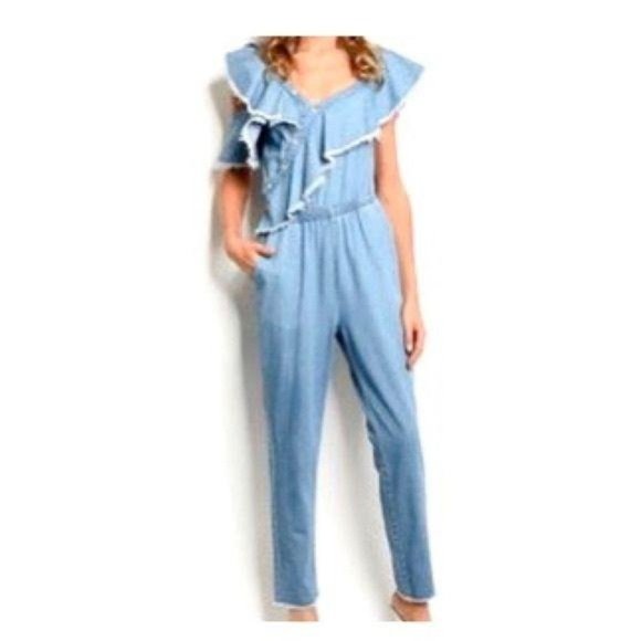 Signature8 Pants - Signature8 Ruffle Collar Chambray Jumpsuit